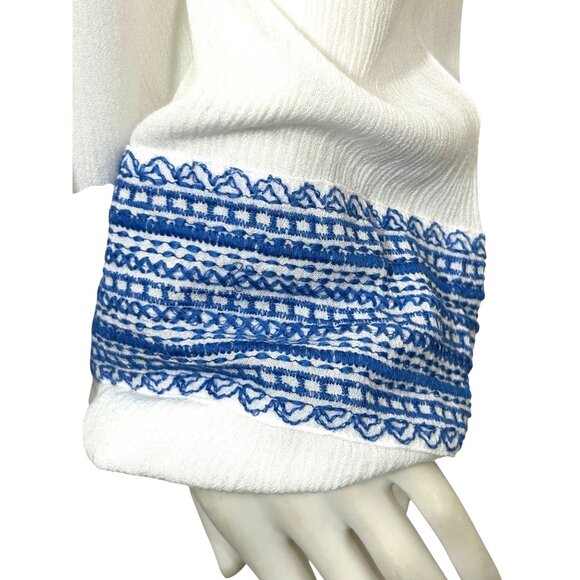 Susan Graver Tunic Top L White Blue Embroidered Boho Cottage V-Neck Rope Tassels - Picture 10 of 11